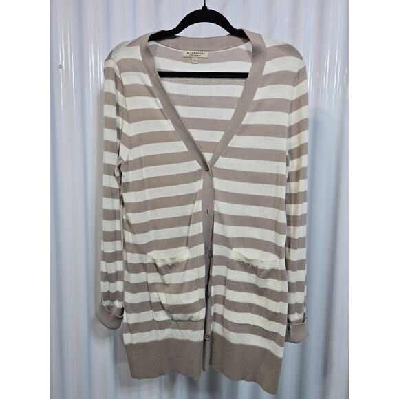 Liverpool Women's Sweater Stripes Beige Size Small Button Front V-neck Cardigan - Picture 1 of 5